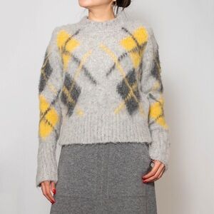 Roberto Collina Grey Mohair-Blend Crew Sweater with Yellow Argyle Accents